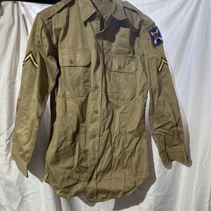 VTG 50s US Army Khaki Cotton Twill Uniform Shirt Size 16x32 1957 21st Army Corps